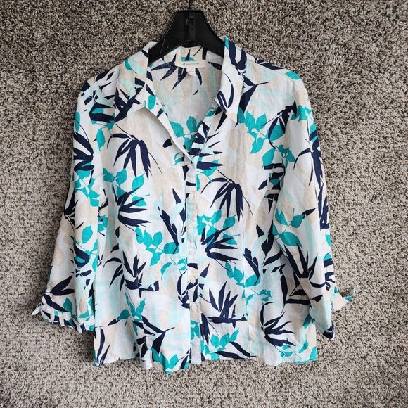 JM Collection Top Womens 16 Floral Print 100% Linen Button Up Teal Collared - Picture 1 of 7
